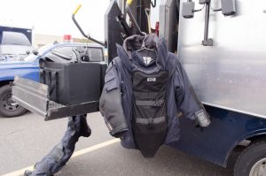 Some of the bomb squad gear, which weighs 80 lbs.