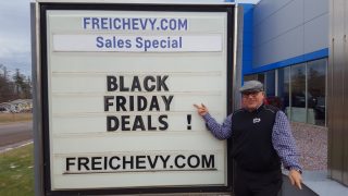 The Major pointing out the great deals at Frei Chevrolet
