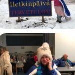 Kris in front of Heikinpaiva sign, Suzanne with pasty