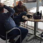 Jim Grundstrom and Bill Tibor talking during one of the rare breaks in the action