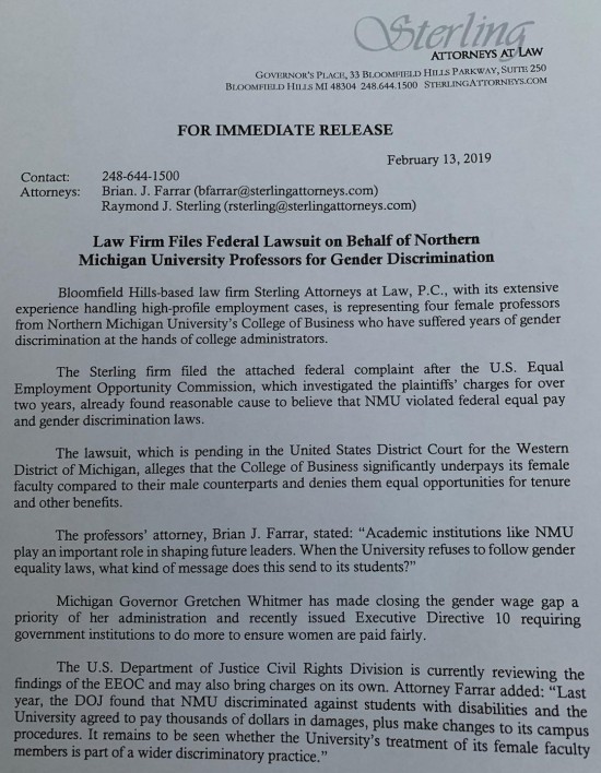 Law Firm Files Federal Lawsuit on Behalf of 4 NMU Professors for Gender Discrimination - Scan
