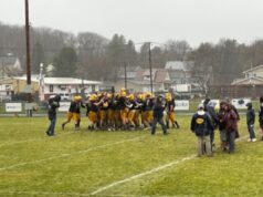 Negaunee lifting the district championship trophy