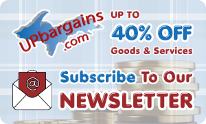 A light blue plaid graphic promoting the U.P. Bargains newsletter, featuring the text "UP TO 40% OFF" and an icon of an envelope with an '@' symbol.